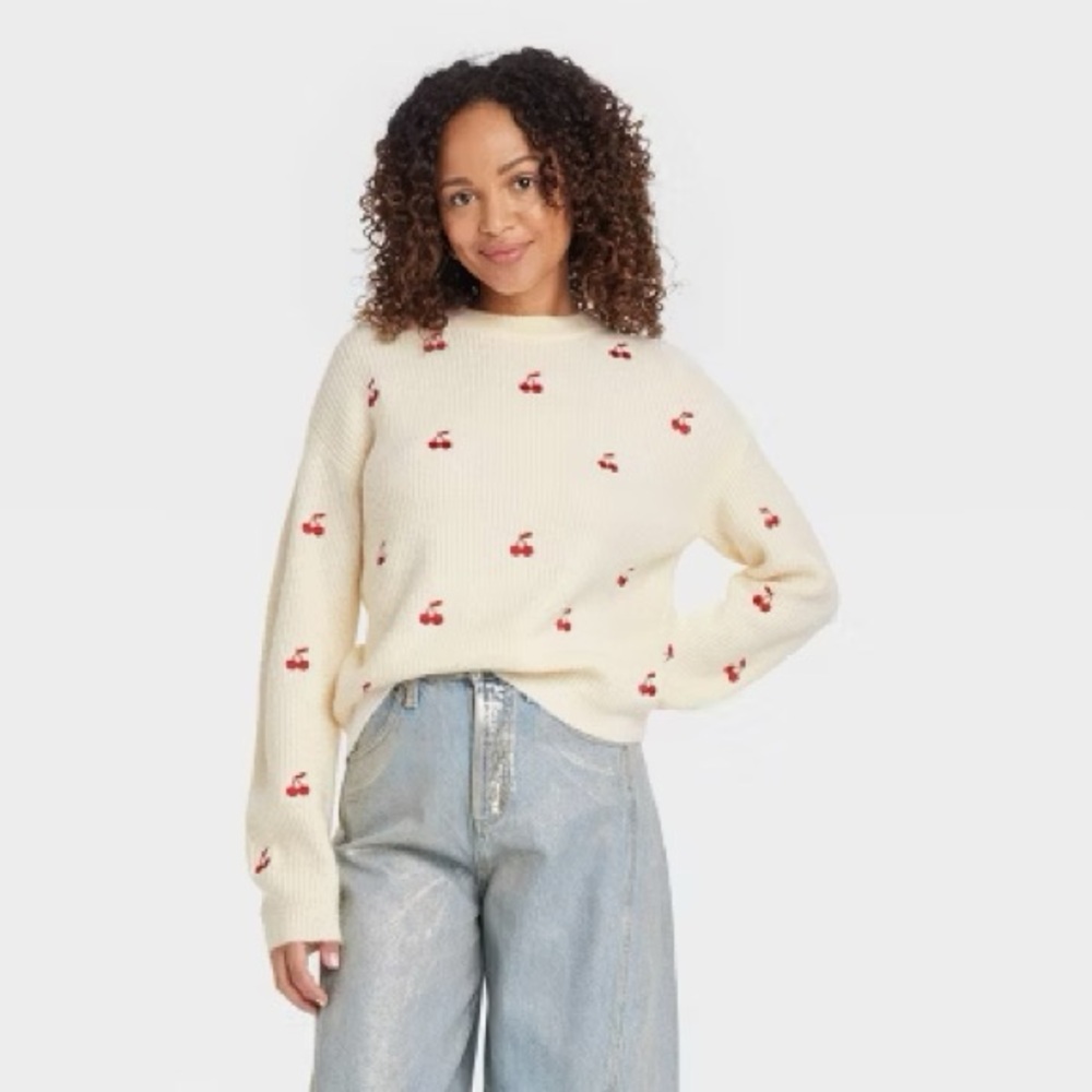 A New Day Cherry Print Cream and Red Sweater